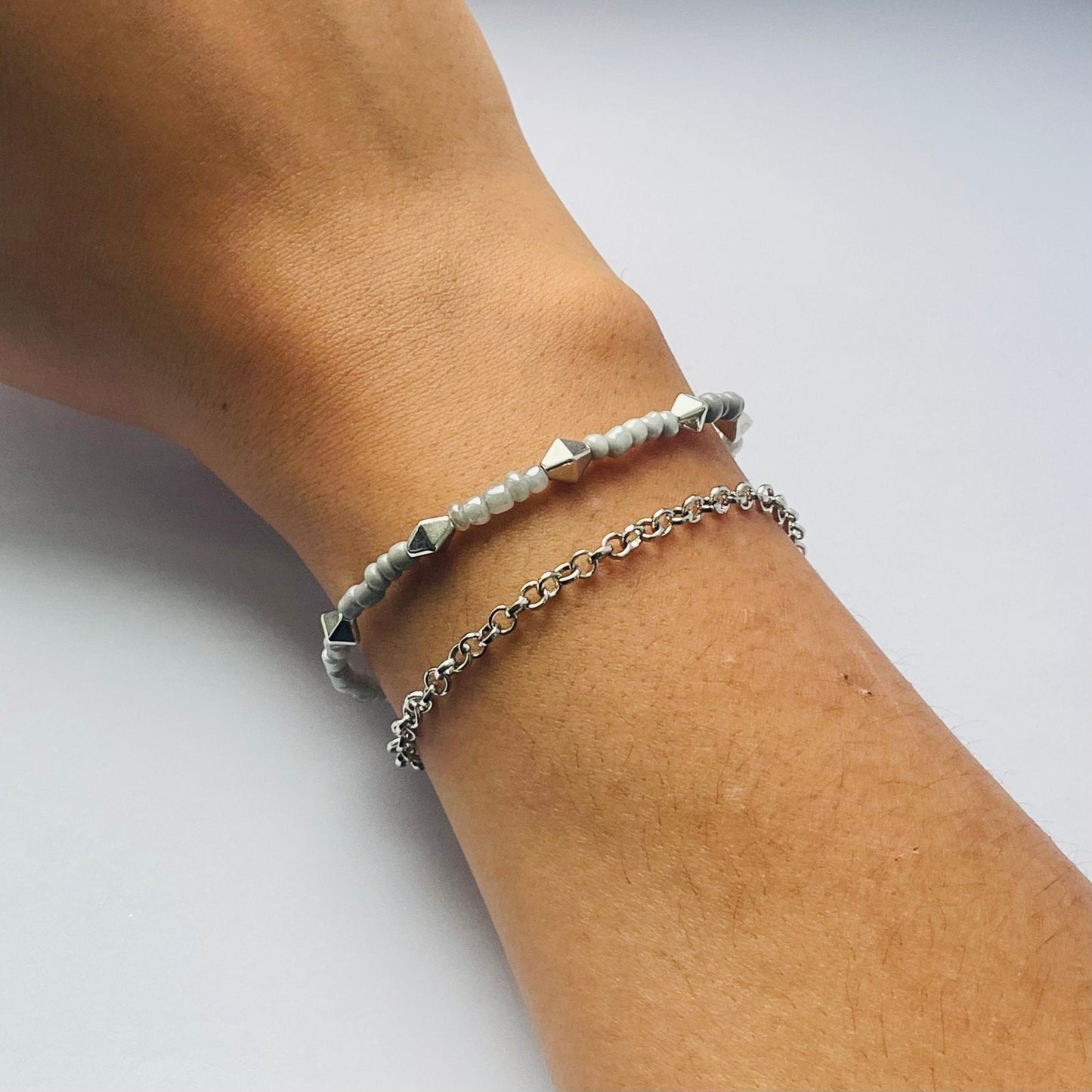 Silver double layered beaded chain bracelet