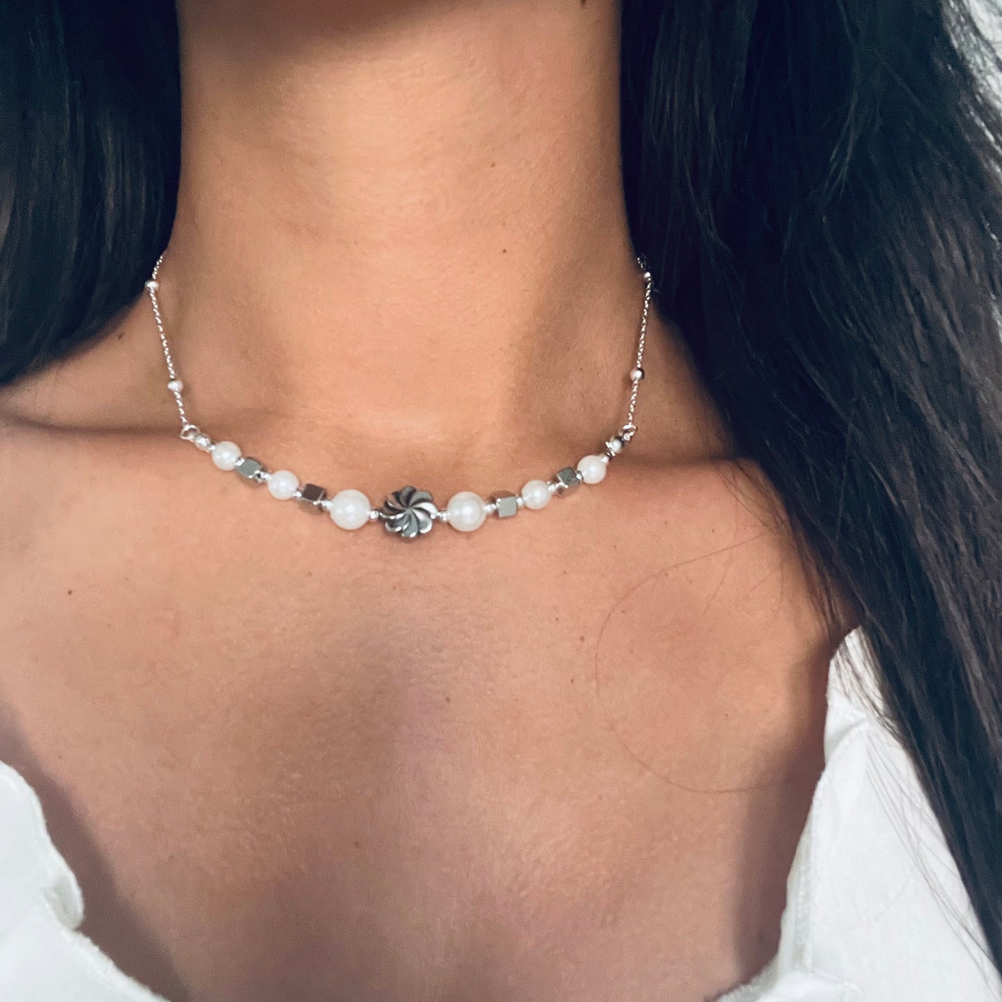 Dainty silver pearl choker
