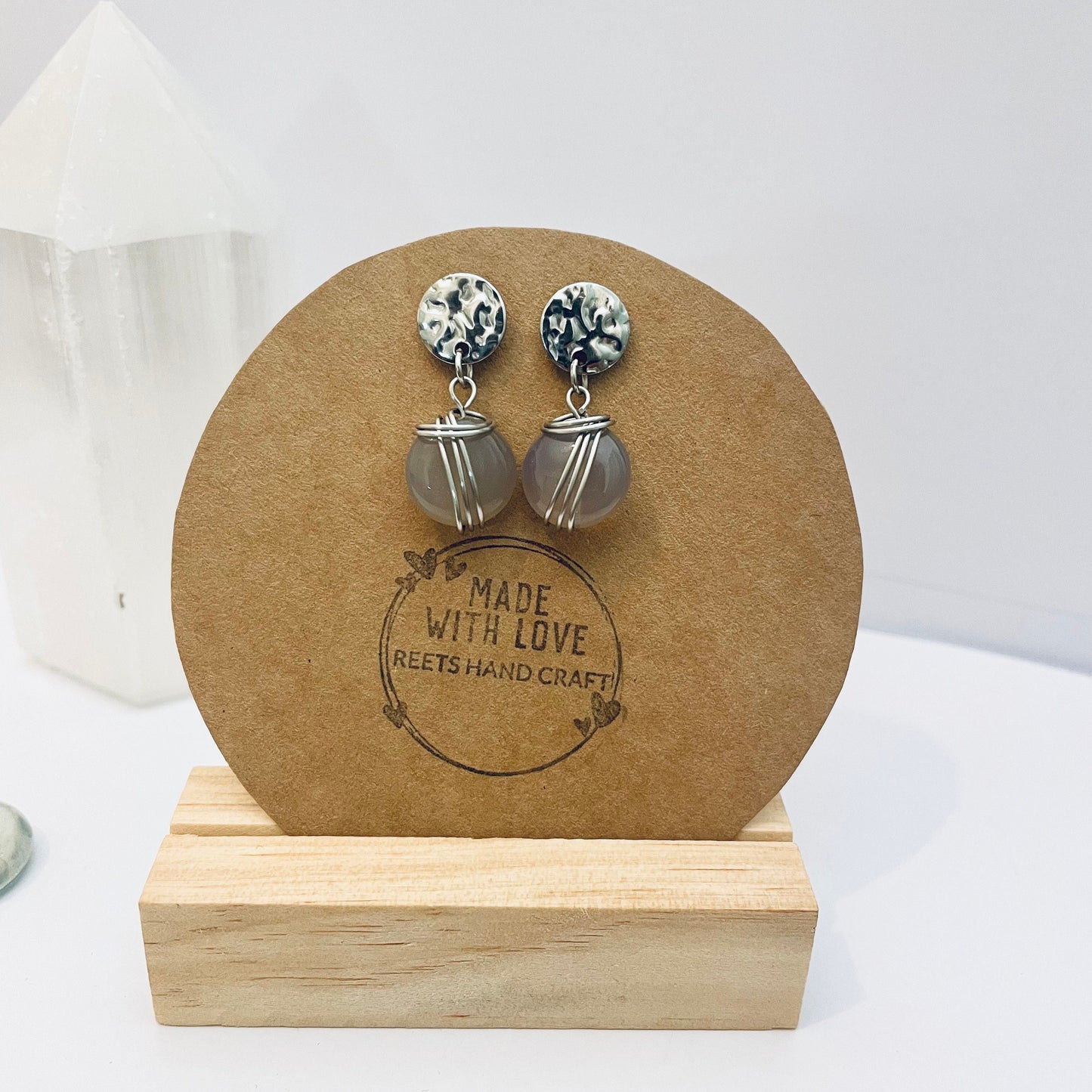 Grey Chalcedony wire wrapped crystal earrings