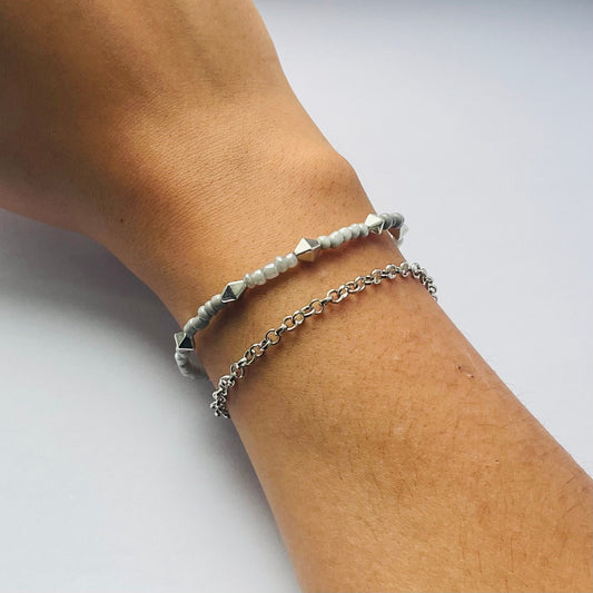 Silver double layered beaded chain bracelet